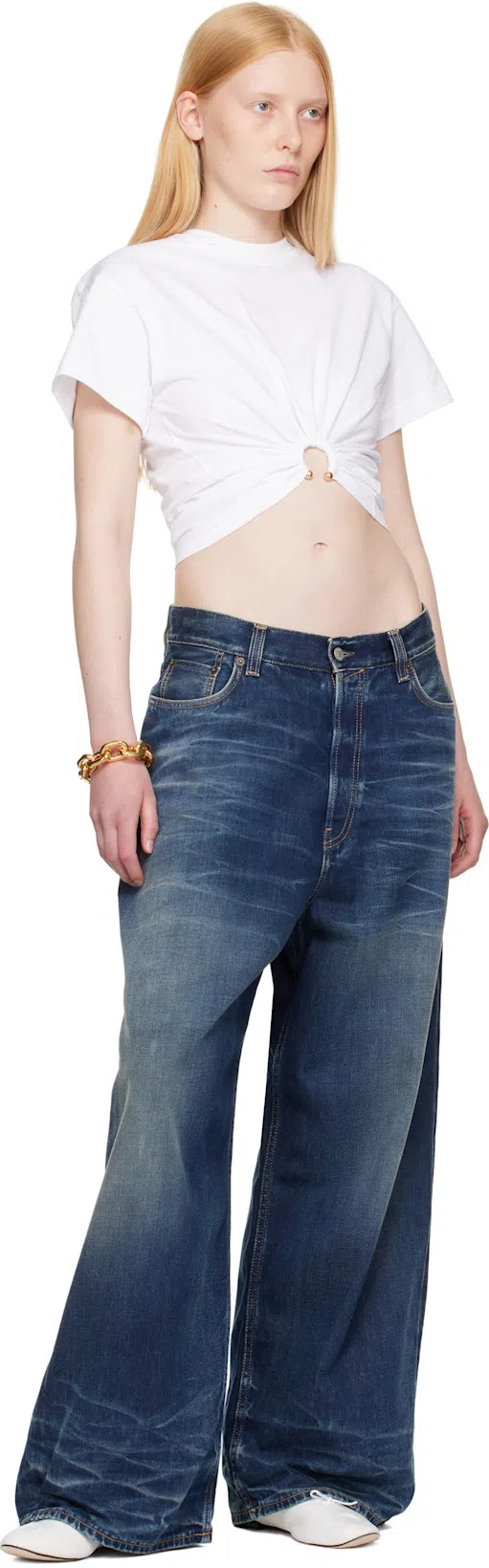 RABANNE White Crewneck Top With Short Sleeves And Ruched Cut-out On The Front In Cotton Woman