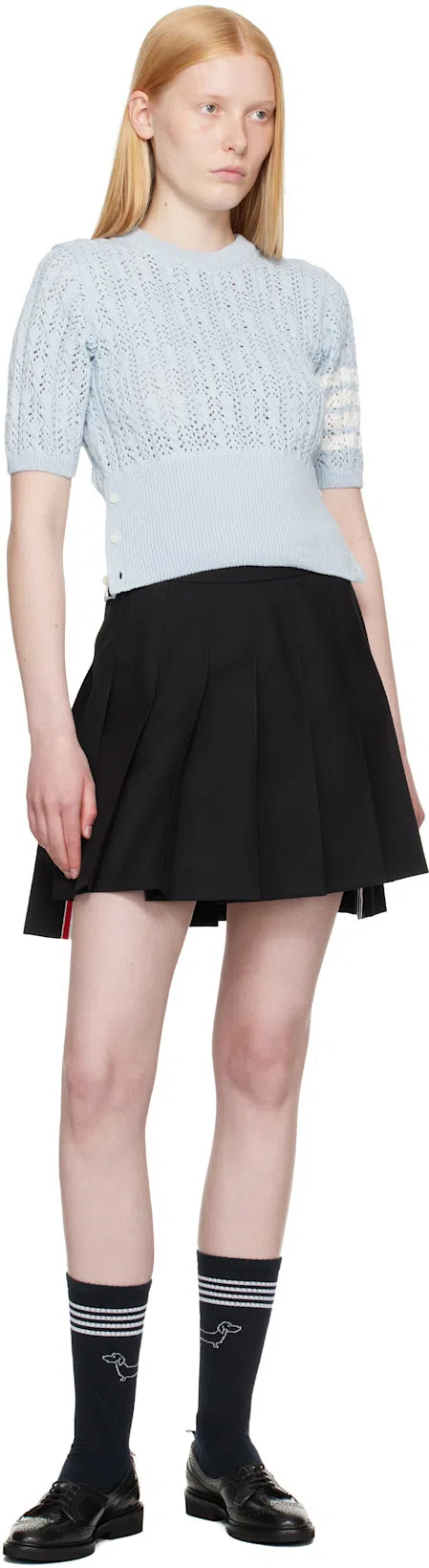 THOM BROWNE Womens Light Blue Pointelle Cable-knit Cotton T-shirt