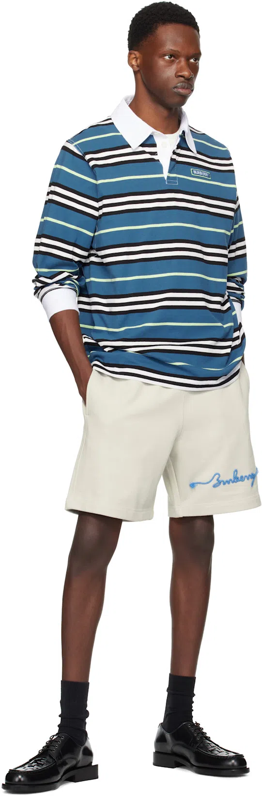 BURBERRY Long-sleeve Striped Cotton Polo Shirt In Blue