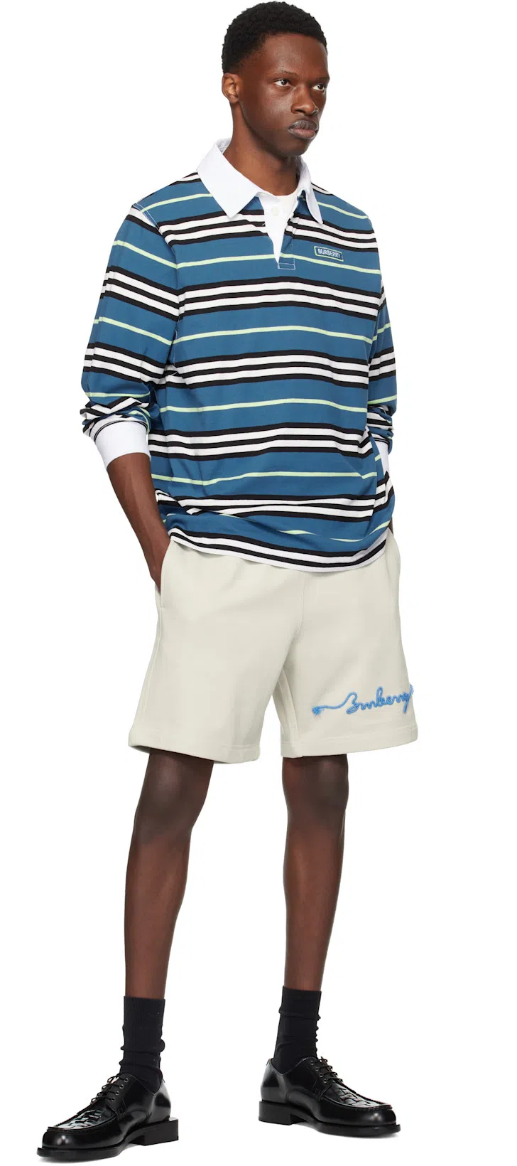 BURBERRY Long-sleeve Striped Cotton Polo Shirt In Blue