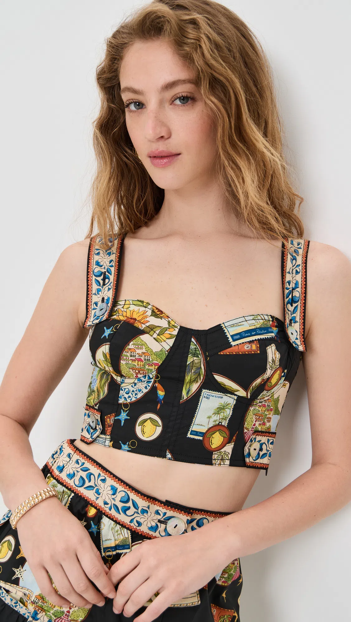 FARM RIO Trip Souvenir Black Mixed Buttons Midi Skirt Trip Souvenir Black