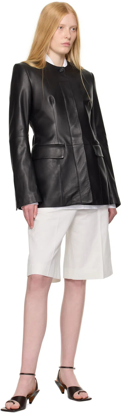 TOTÊME Womens Collar-less Long Leather Jacket Black