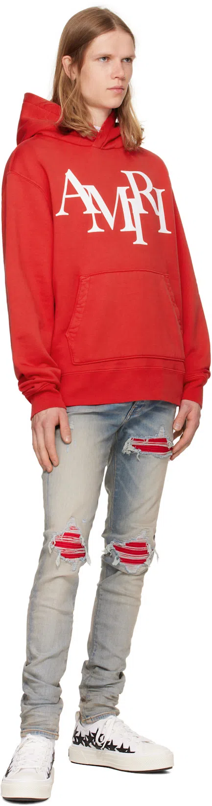 AMIRI Mx1 Slim Fit Jeans With Distressed Red Accents In Blue