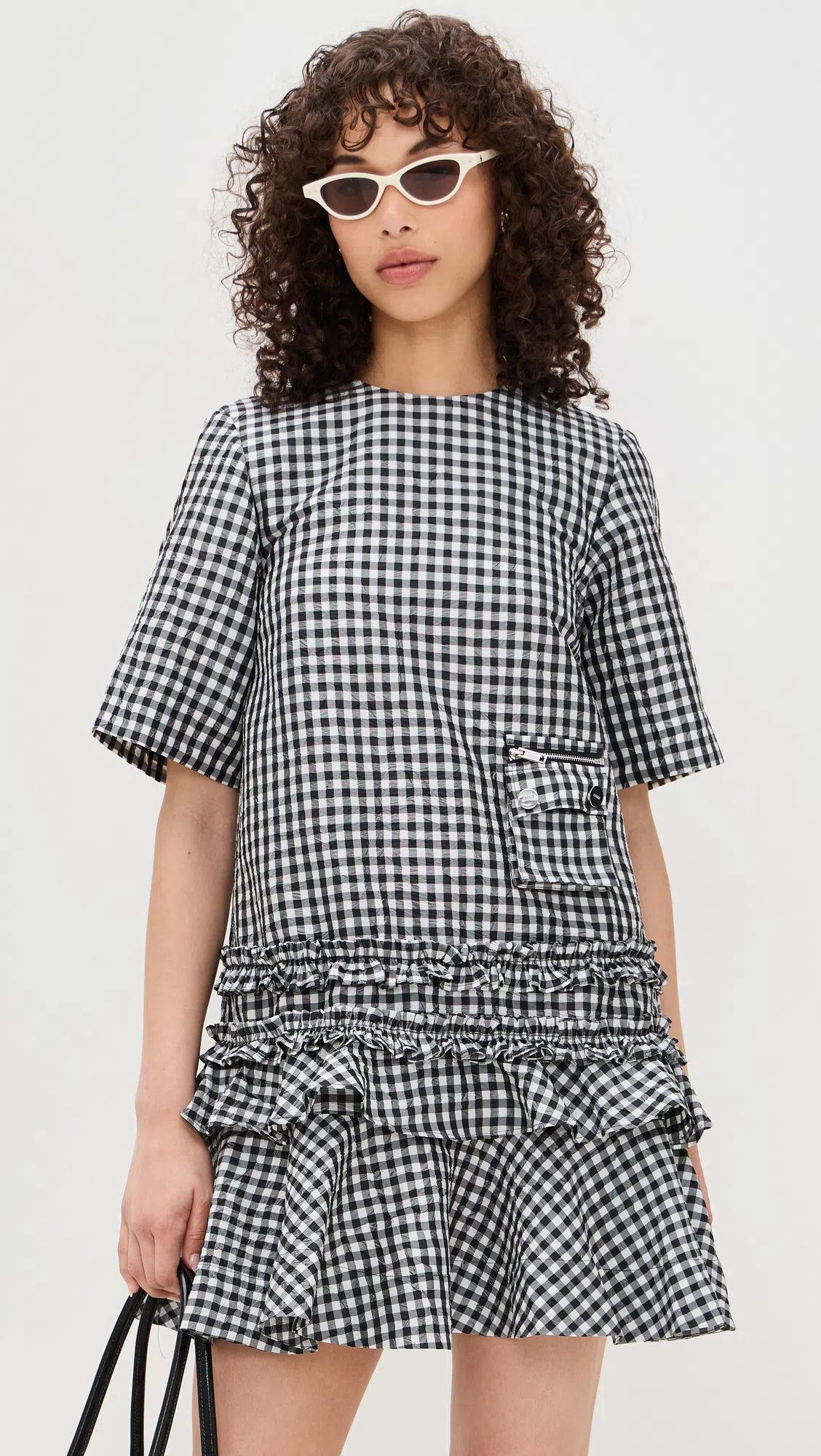 GANNI Mini Dress With Crinkled Check Pattern In Multi
