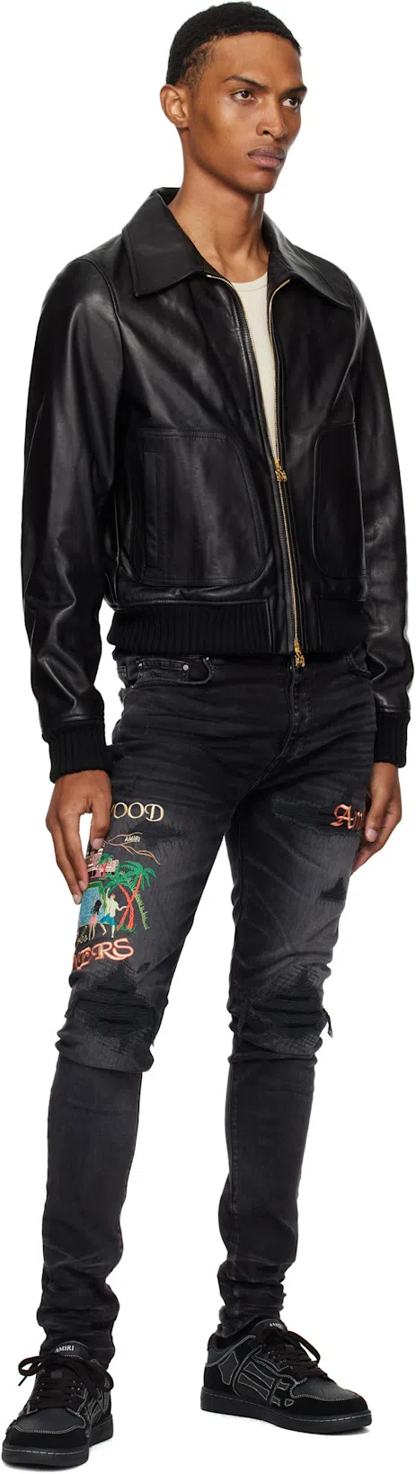 AMIRI Low Top Sneakers Leather Suede Contrast Stitching Perforated Toe Box In Black