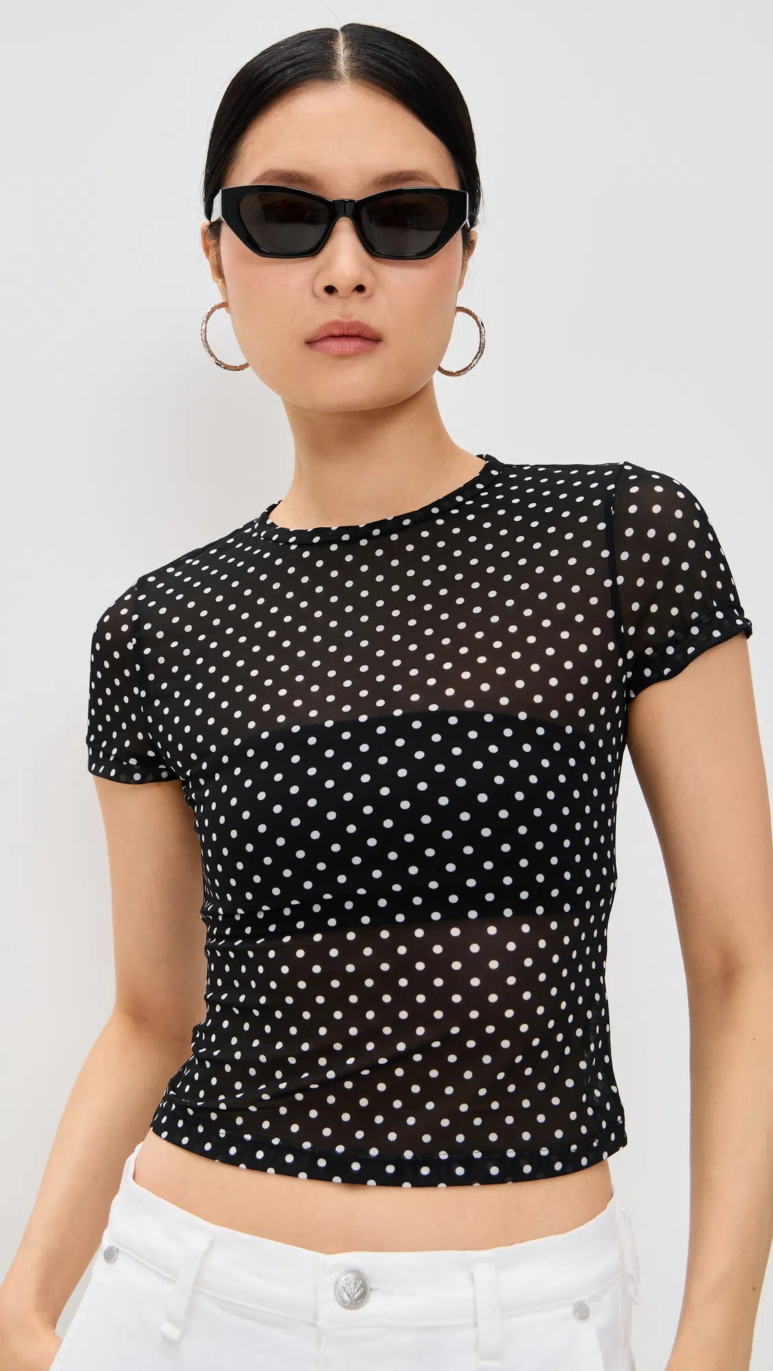 ALICE AND OLIVIA Tess Crewneck Tee In Black With White Dots