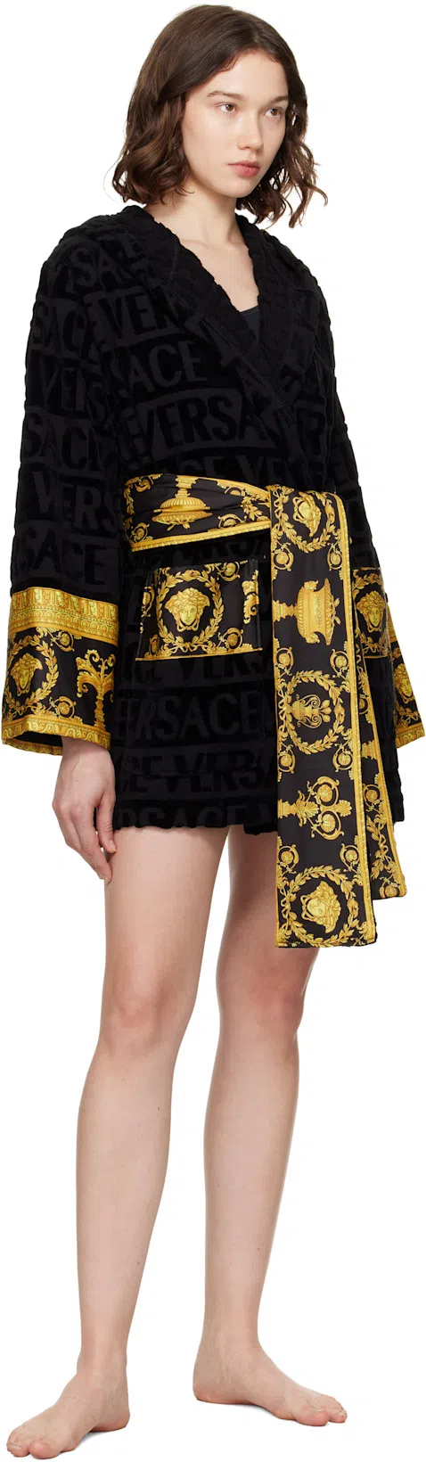 VERSACE Barocco-print Cotton Robe In Black