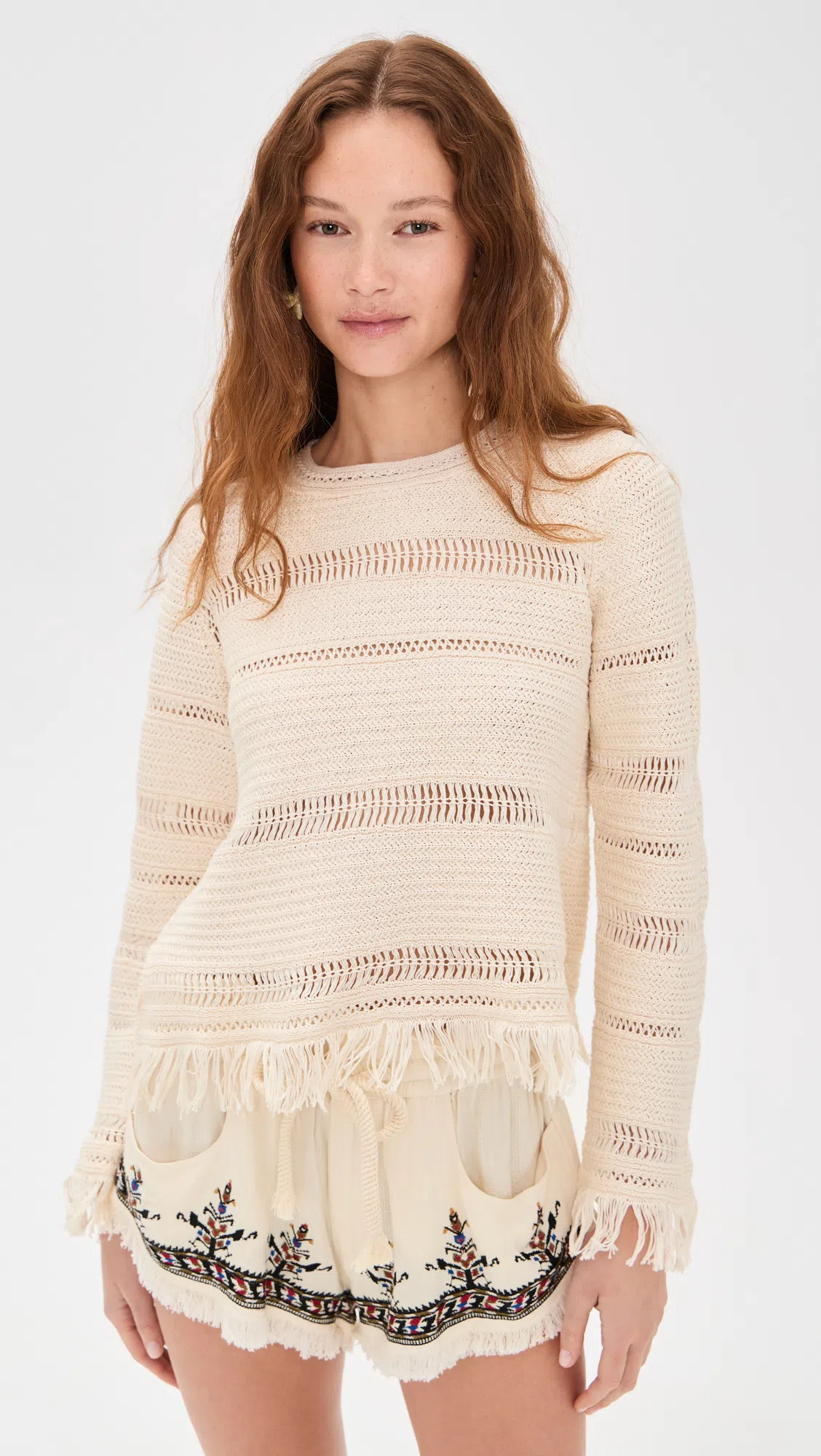 ISABEL MARANT ÉTOILE Azilis Open Stitch Fringe Cotton Crewneck Sweater In Neutral
