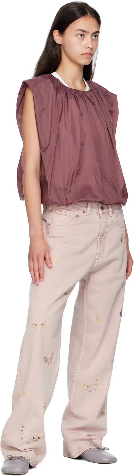 AMOMENTO Purple Nylon Volume Shirring Top In Burgundy