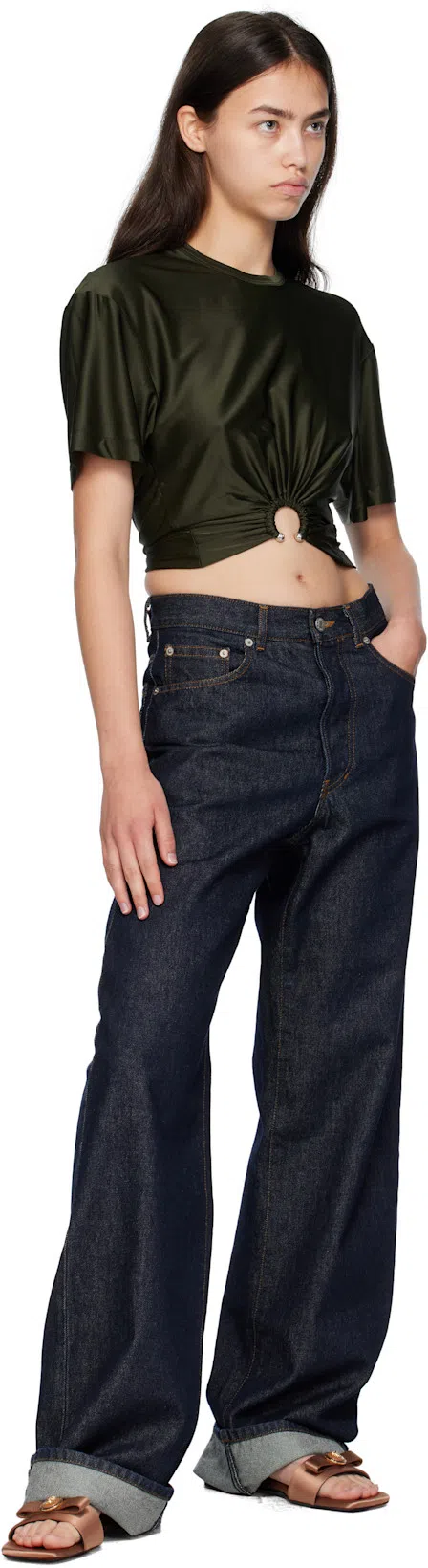 RABANNE Cut-out Knot Detail Round Neck Top In Green