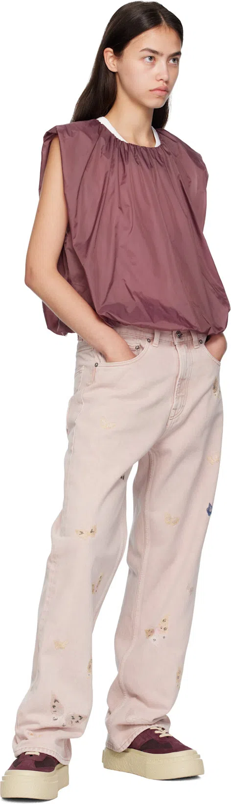 AMOMENTO Purple Nylon Volume Shirring Top In Burgundy