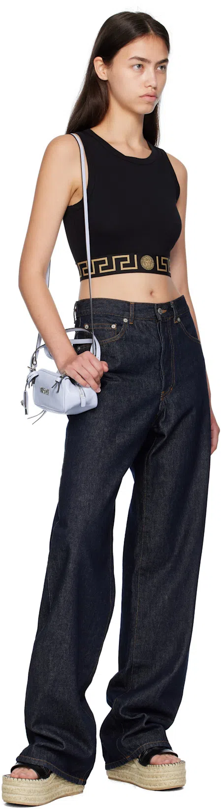 VERSACE Black Sports Bra With Greca And Medusa Detail In Stretch Cotton