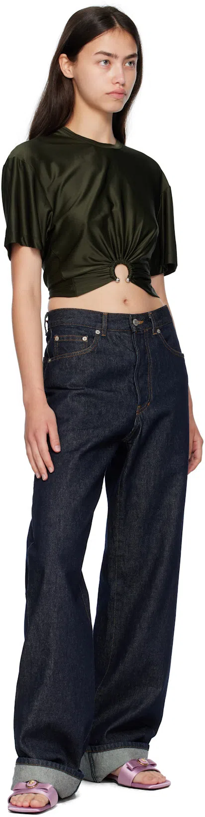 RABANNE Cut-out Knot Detail Round Neck Top In Green