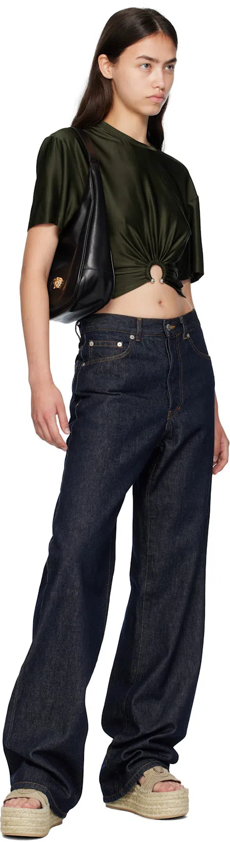 RABANNE Cut-out Knot Detail Round Neck Top In Green