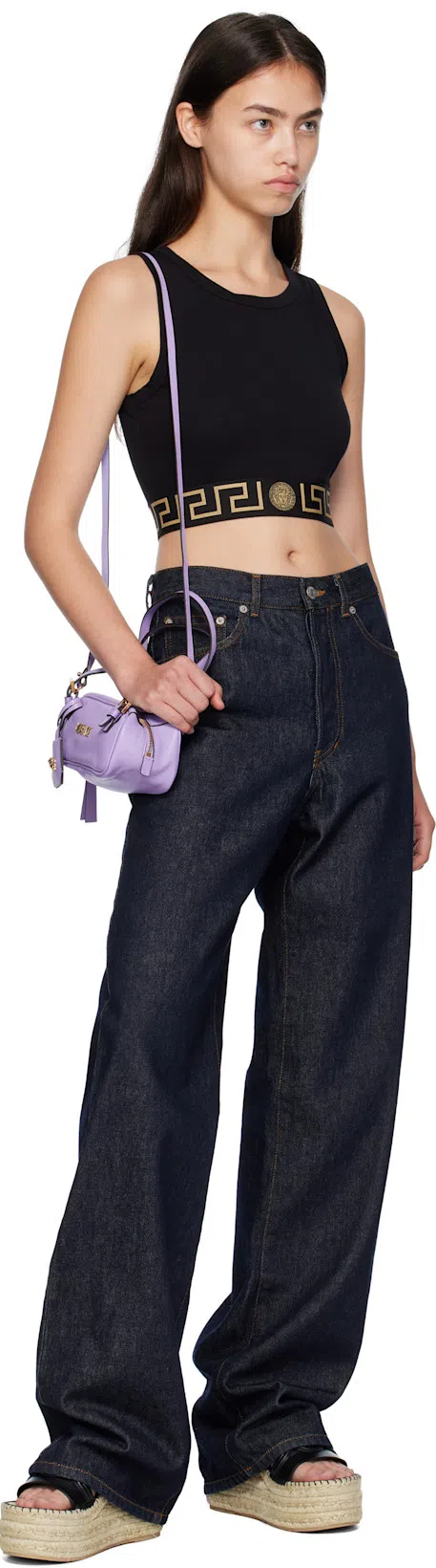 VERSACE Black Sports Bra With Greca And Medusa Detail In Stretch Cotton