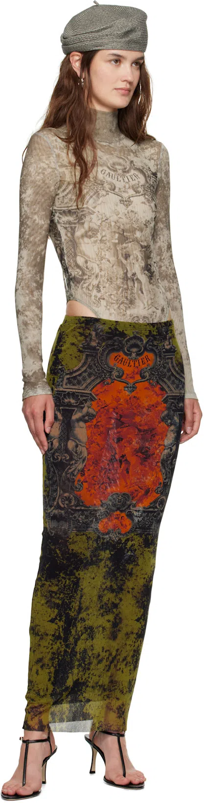 JEAN PAUL GAULTIER Mesh Skirt With Graphic Print Overlay In Multi