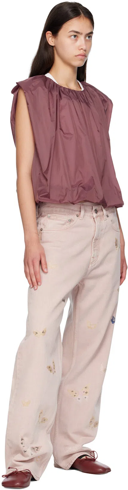 AMOMENTO Purple Nylon Volume Shirring Top In Burgundy