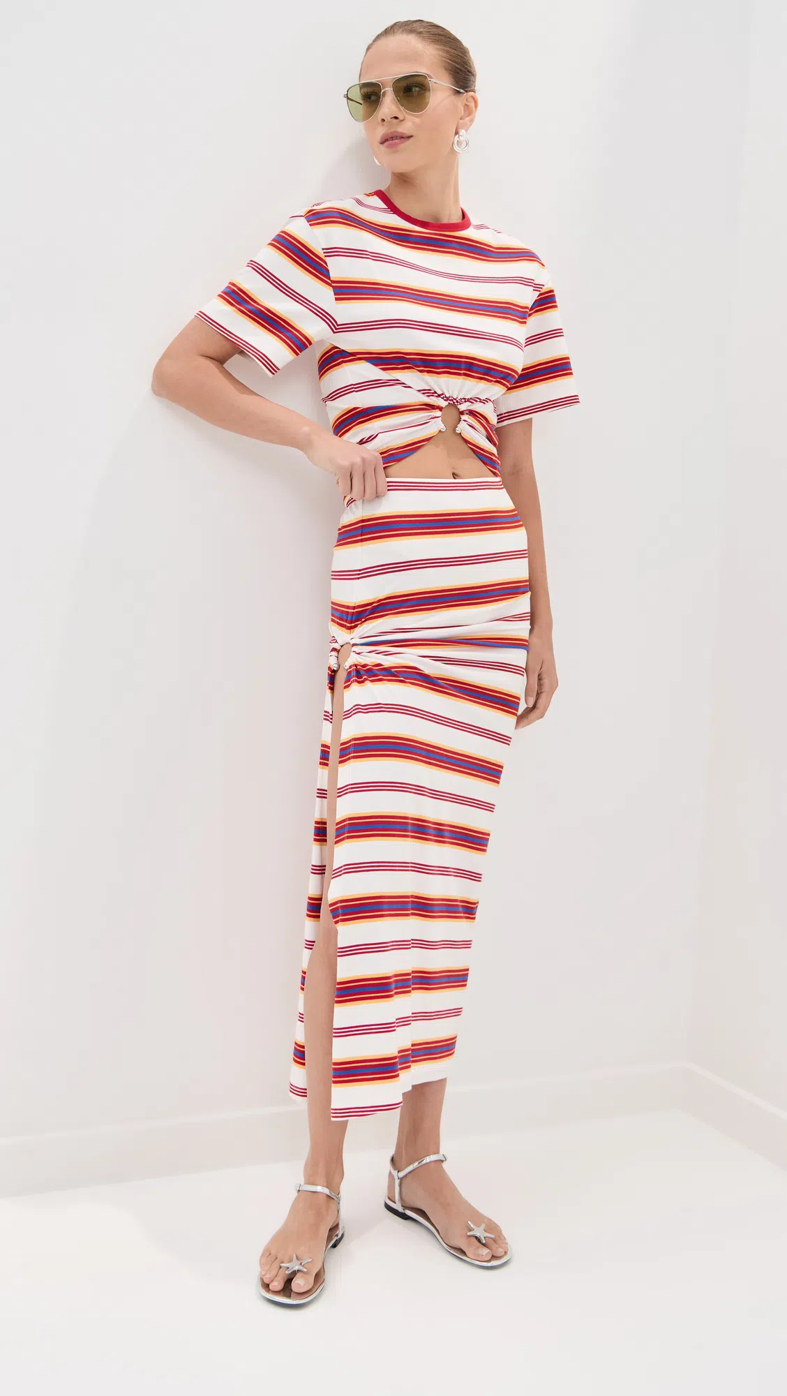 RABANNE Embellished Striped Cotton-blend Jersey T-shirt In Multi