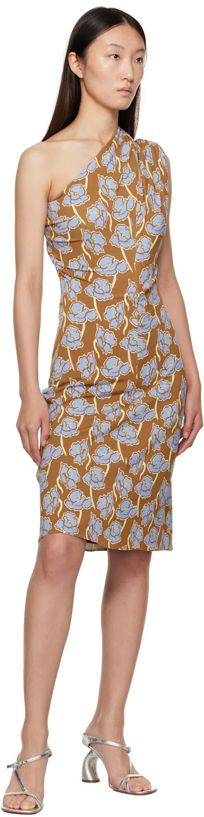 VERSACE Printed Stretch Crepe One-shoulder Dress In Brown