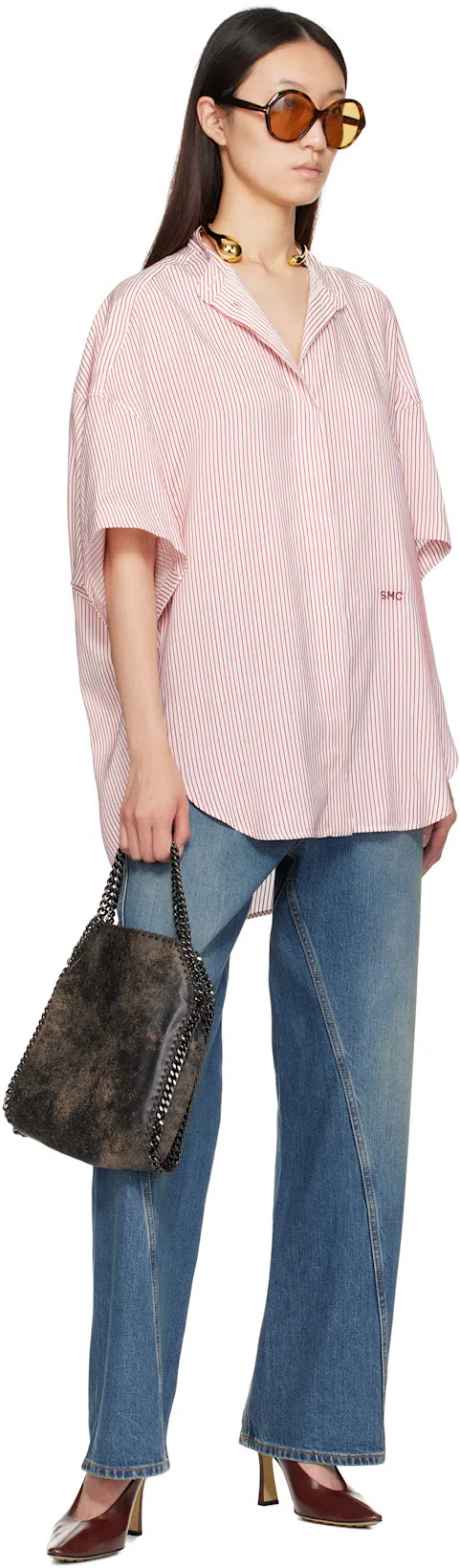 STELLA MCCARTNEY Oversized Embroidered Striped Organic Silk Shirt In Pink
