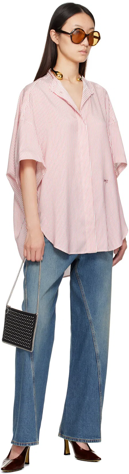STELLA MCCARTNEY Oversized Embroidered Striped Organic Silk Shirt In Pink