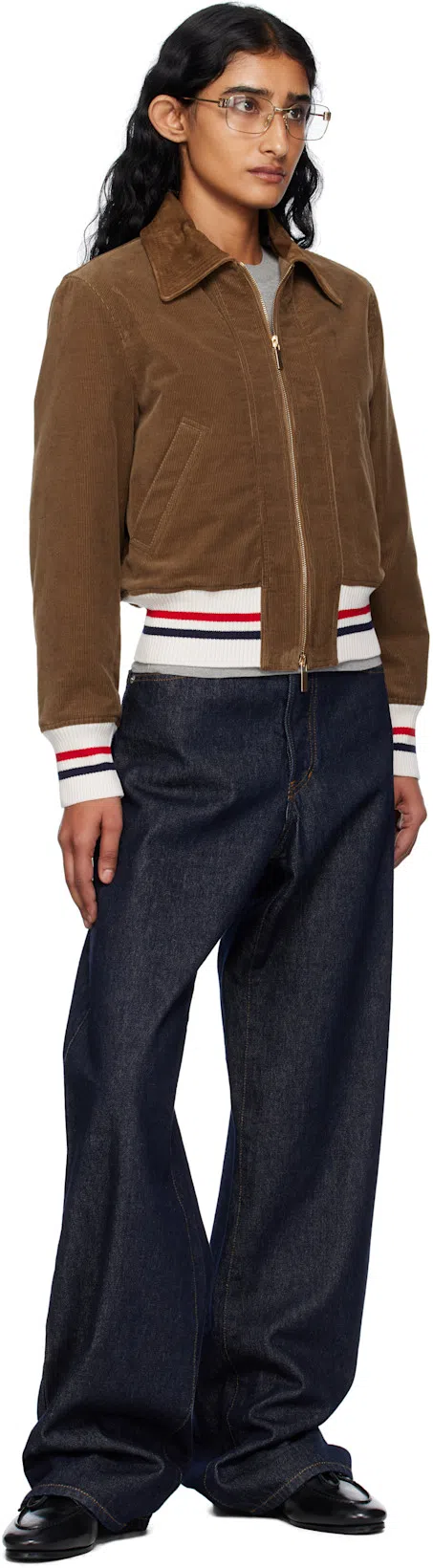 THOM BROWNE Cropped Flight Jacket Corduroy Texture In Brown