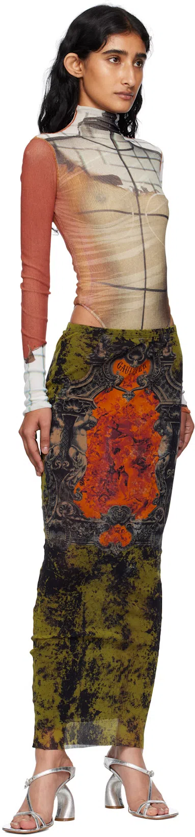 JEAN PAUL GAULTIER Mesh Skirt With Graphic Print Overlay In Multi