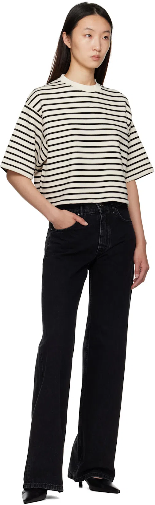 ANINE BING Womens Blk Stripe French Terry Myers Cropped Cotton-blend T-shirt Xs In Neutral