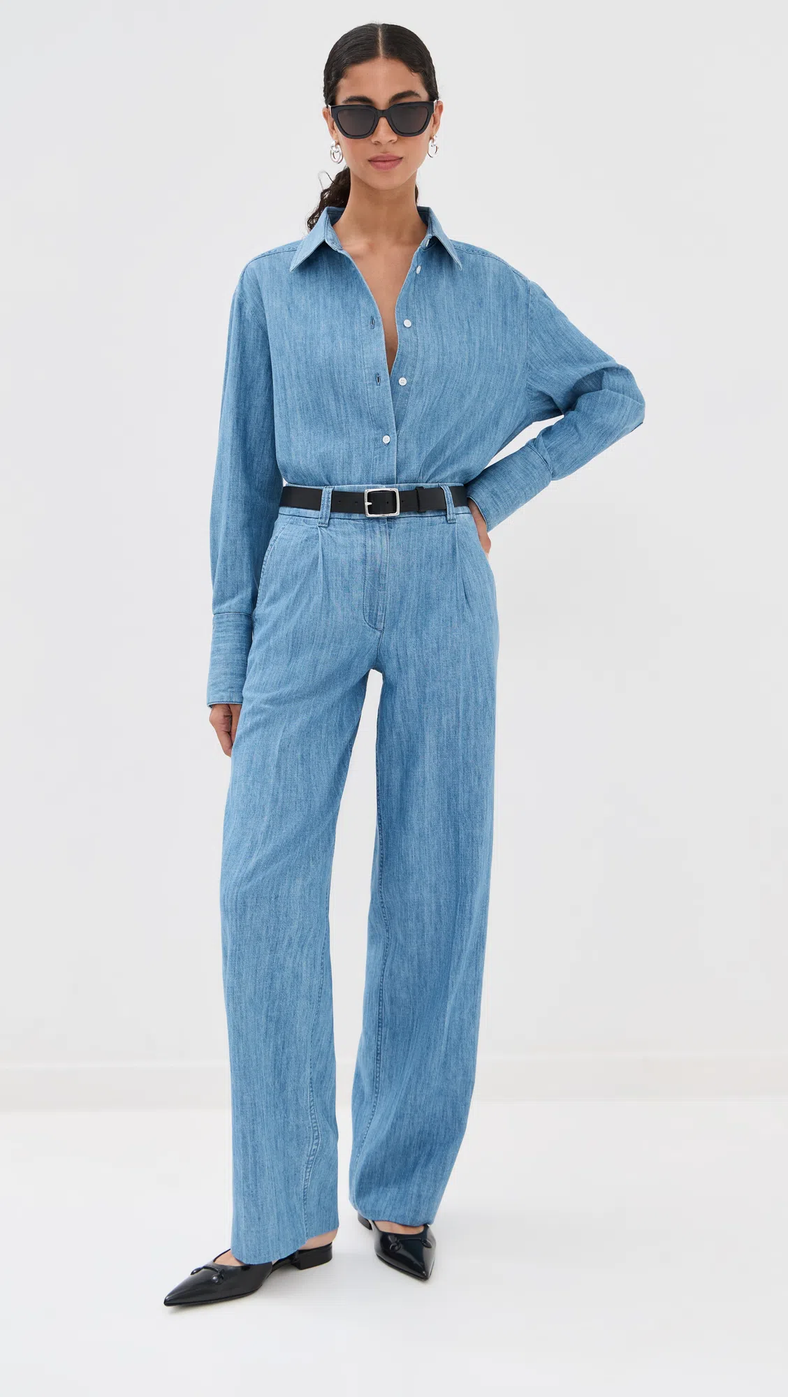 ANOTHER TOMORROW Chambray Relaxed Wide Leg Pants Dark Blue