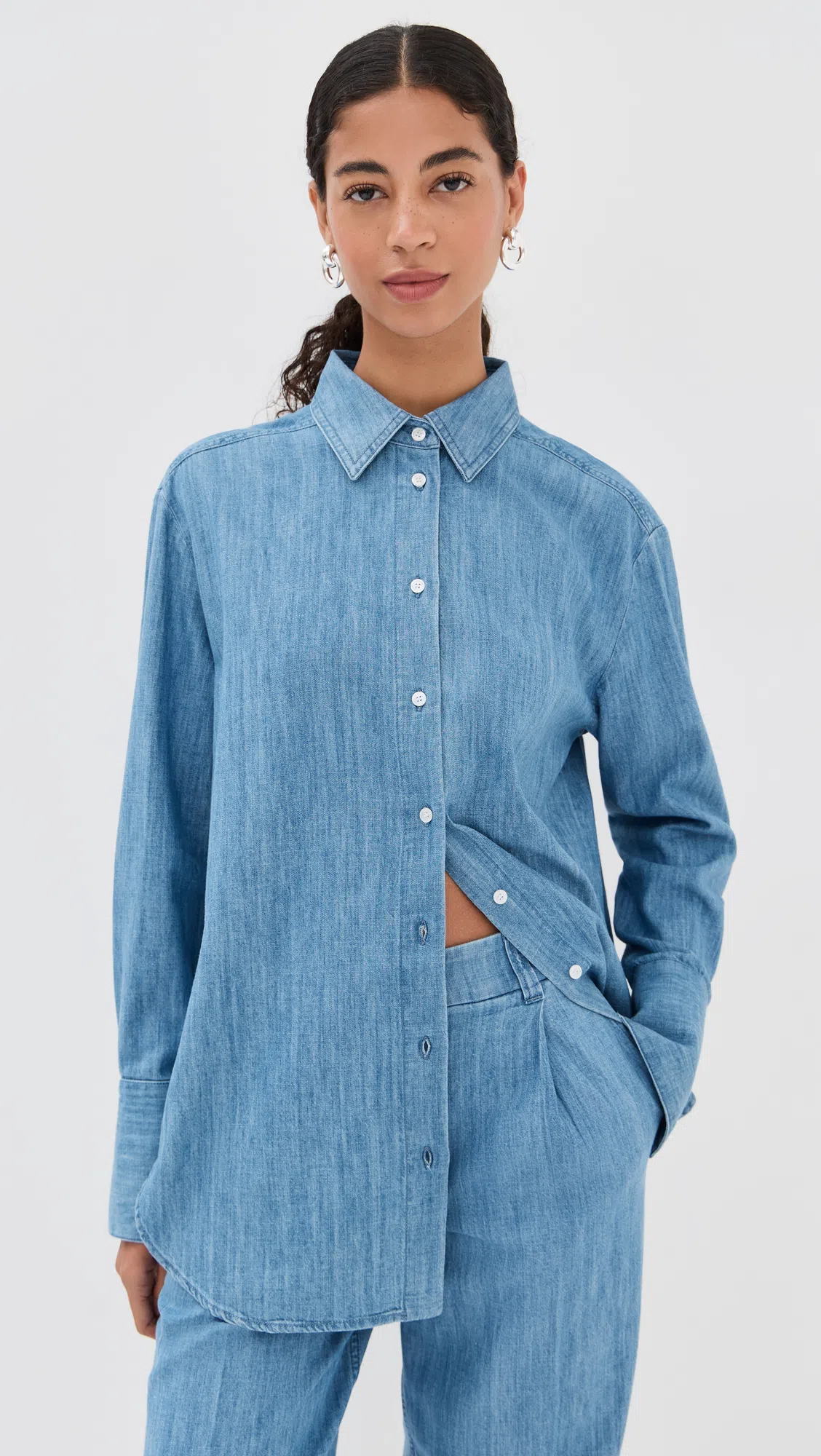 ANOTHER TOMORROW Chambray Relaxed Wide Leg Pants Dark Blue