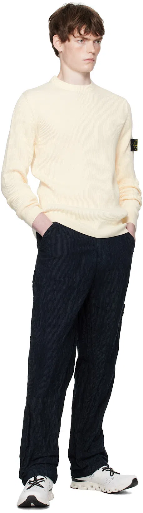 STONE ISLAND Ivory Ribbed Knit Sweater With Crew Neckline In Multi