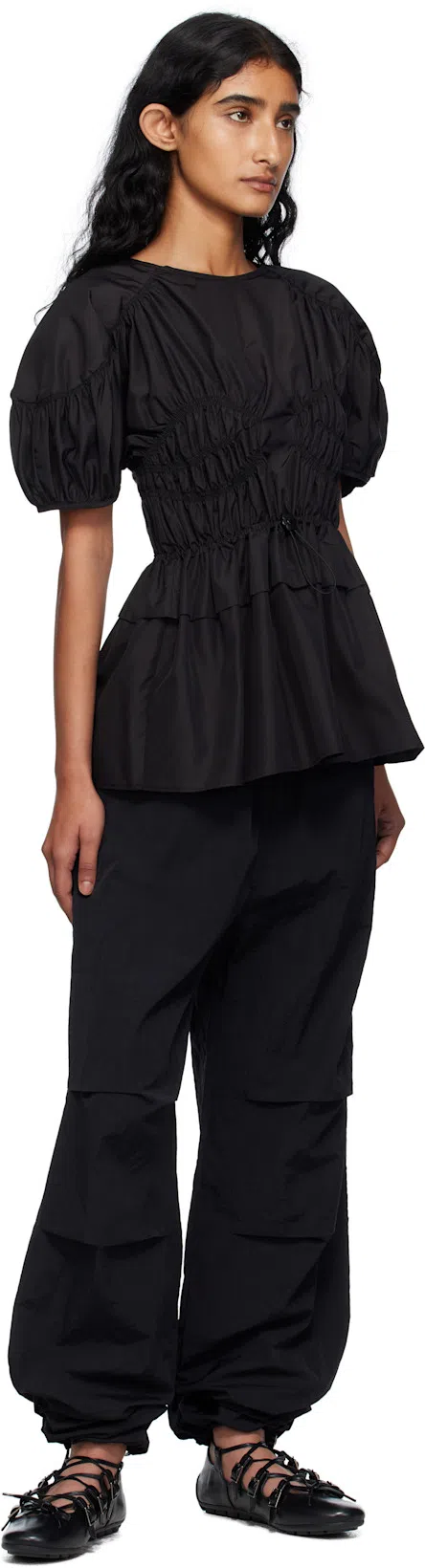 CECILIE BAHNSEN Tech Fabric Brooklyn Top With Button Detail In Black