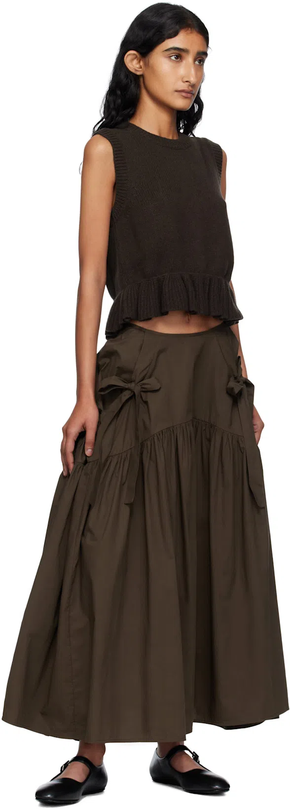 CECILIE BAHNSEN Bill Ruffled Cashmere And Wool-blend Peplum Tank In Brown