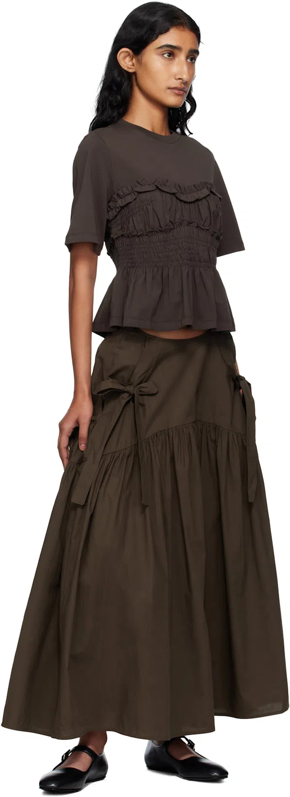 CECILIE BAHNSEN Vilde Ruffled Shirred Cotton-jersey T-shirt In Brown