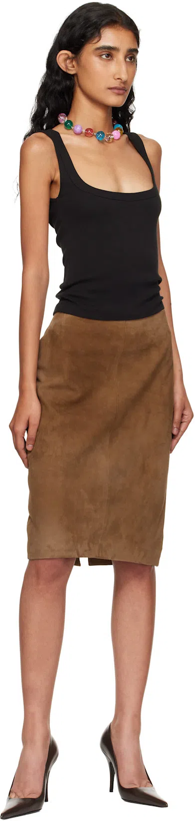 ST AGNI Tan Pencil Suede Midi Skirt In Brown