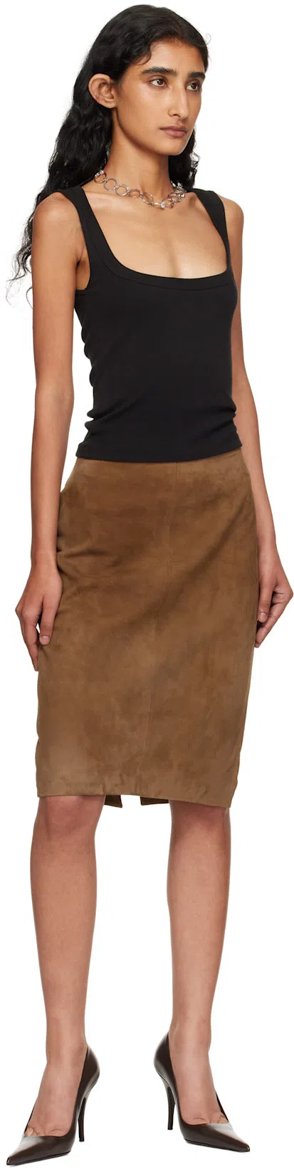 ST AGNI Tan Pencil Suede Midi Skirt In Brown