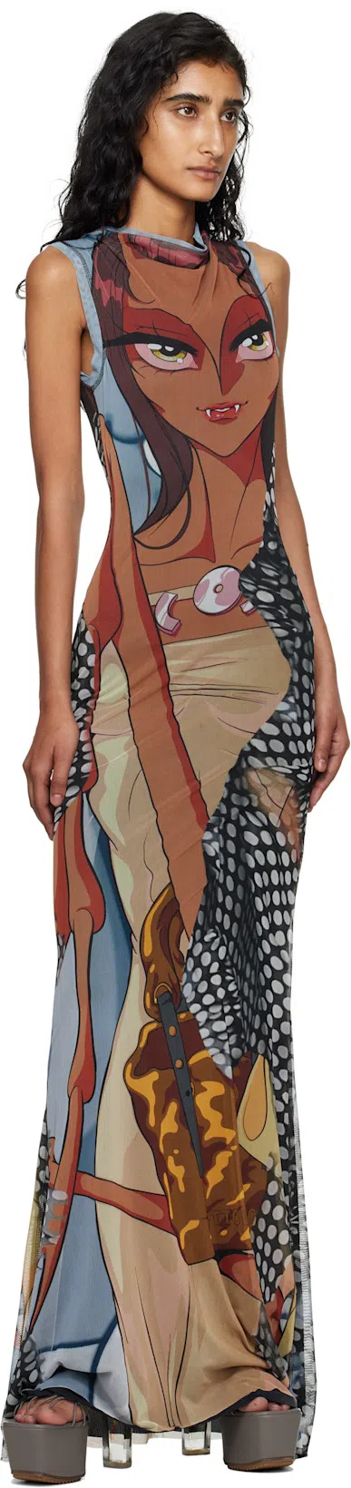 OTTOLINGER Manga-print Mesh Maxi Dress In Brown