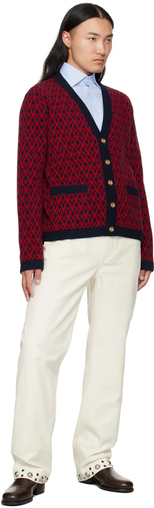 VALENTINO Toute La V Jacquard Wool Cardigan In Red