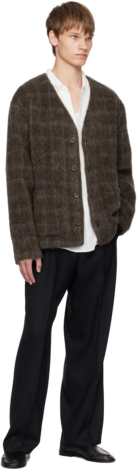 OUR LEGACY Embroidered Wool Blend V-neck Cardigan With Front Pockets In Brown