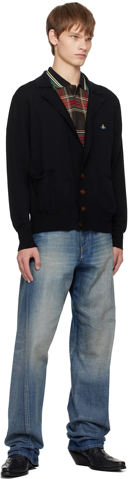 VIVIENNE WESTWOOD Black V Neck Cardigan With Orb Embroidery In Cotton And Cashmere