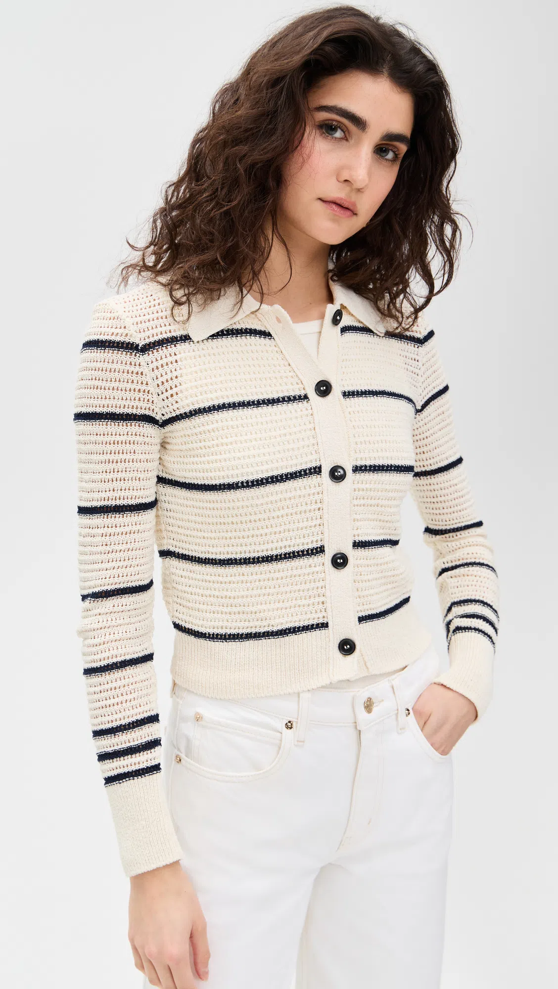 FRAME Striped Crocheted Cotton-blend Cardigan In Neutral
