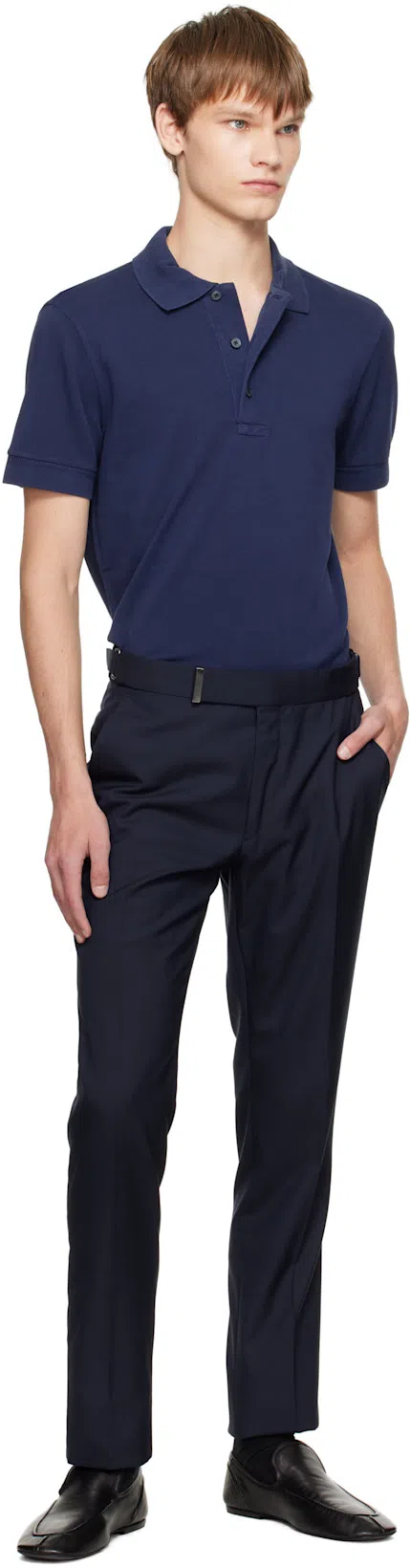 TOM FORD Textured Finish Navy Polo With Front Button Placket In Blue