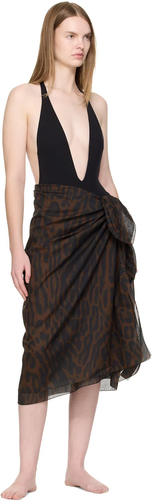 TOM FORD Plunging Halter Jersey One-piece Swimsuit In Black