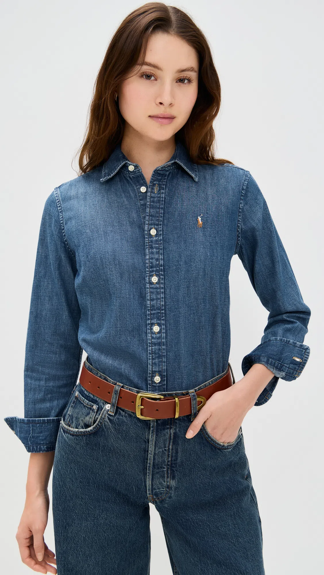 POLO RALPH LAUREN Blue Shirt With Classic Collar And Pony Embroidery On The Front In Denim Woman