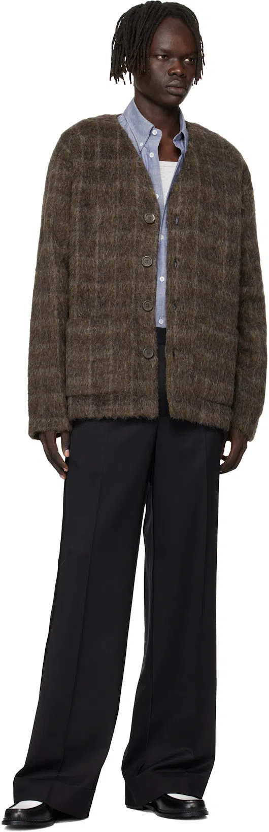OUR LEGACY Embroidered Wool Blend V-neck Cardigan With Front Pockets In Brown