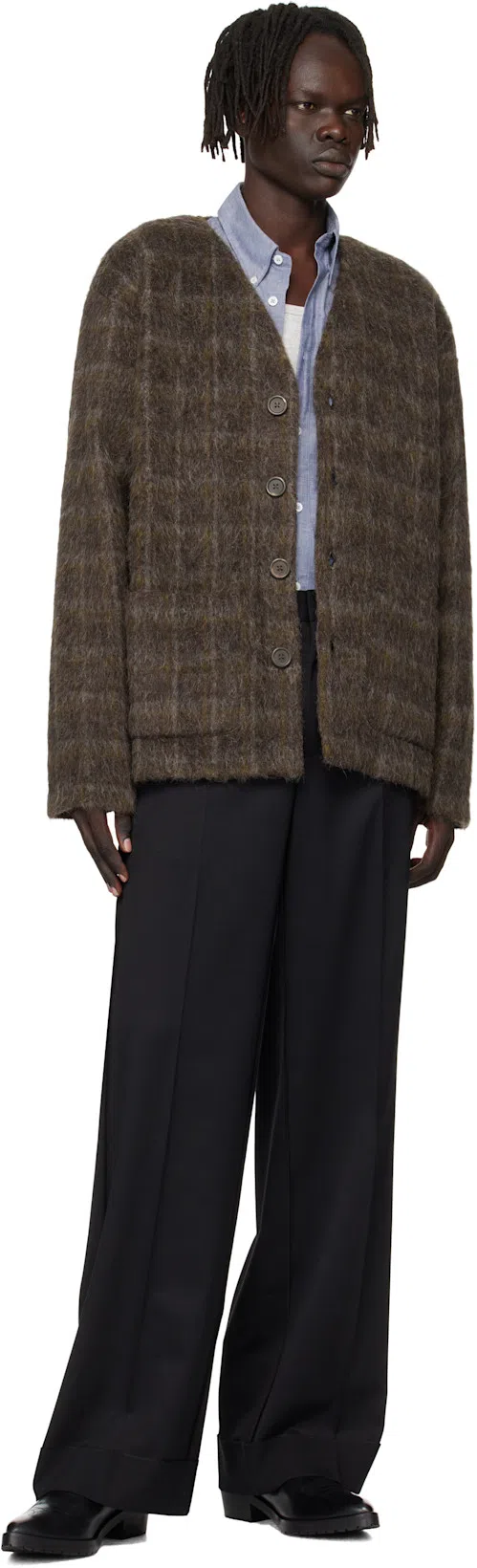 OUR LEGACY Embroidered Wool Blend V-neck Cardigan With Front Pockets In Brown