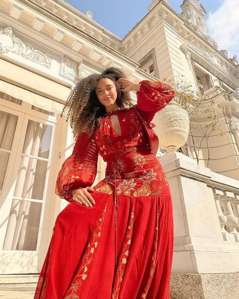 FARM RIO Red Berry Garden Long Sleeve Pleated Maxi Dress In Multi