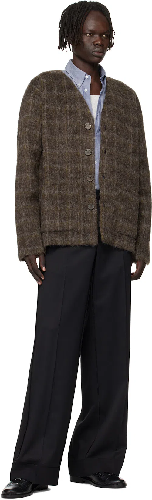 OUR LEGACY Embroidered Wool Blend V-neck Cardigan With Front Pockets In Brown