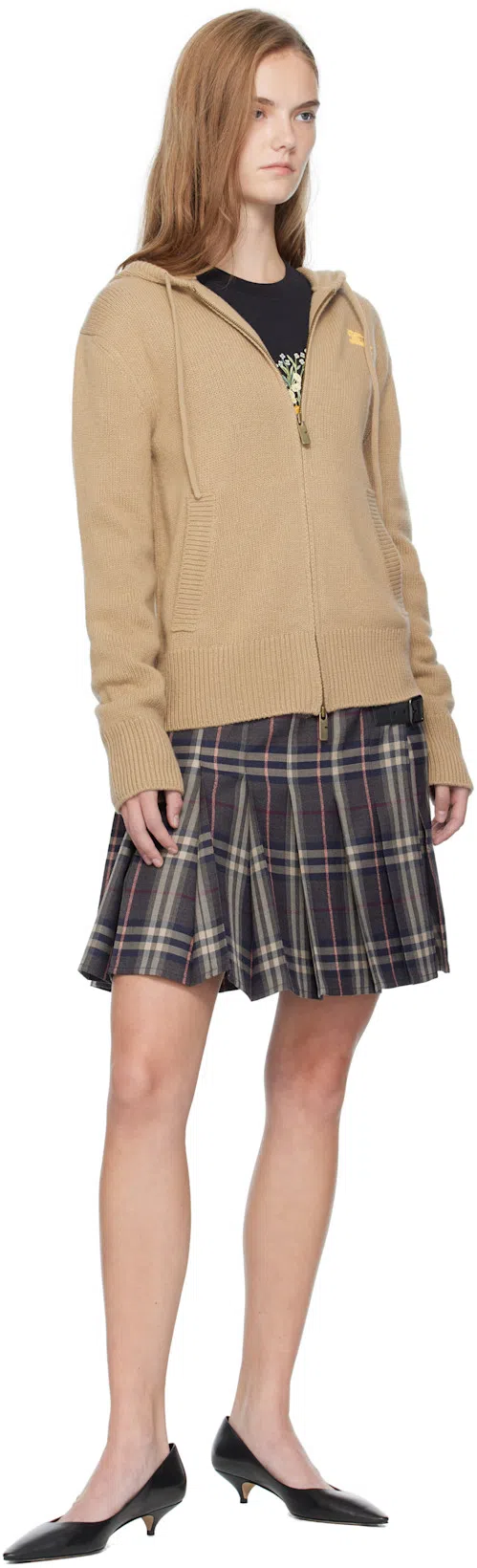 BURBERRY Leather-trimmed Pleated Checked Wool Mini Skirt In Black