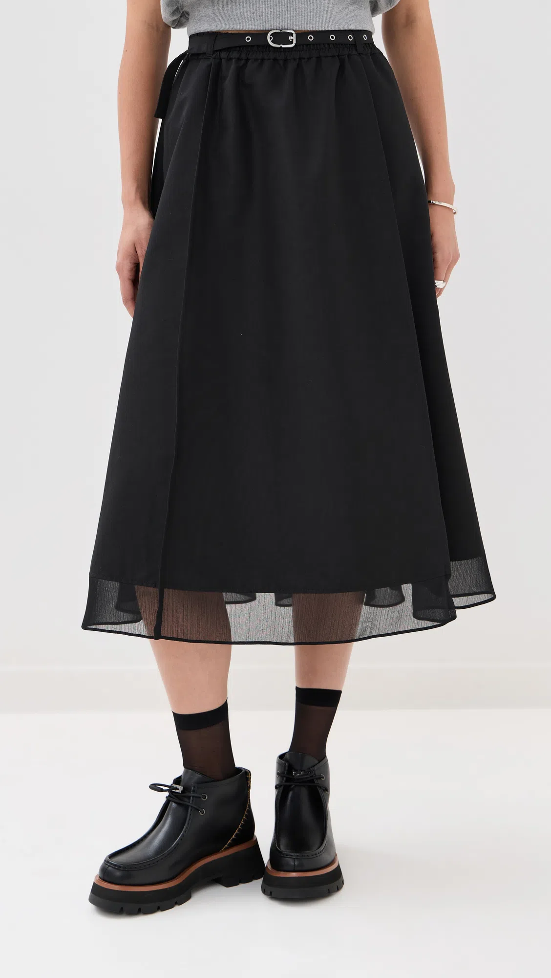 3.1 PHILLIP LIM Belted Midi Skirt With Chiffon Hem Black